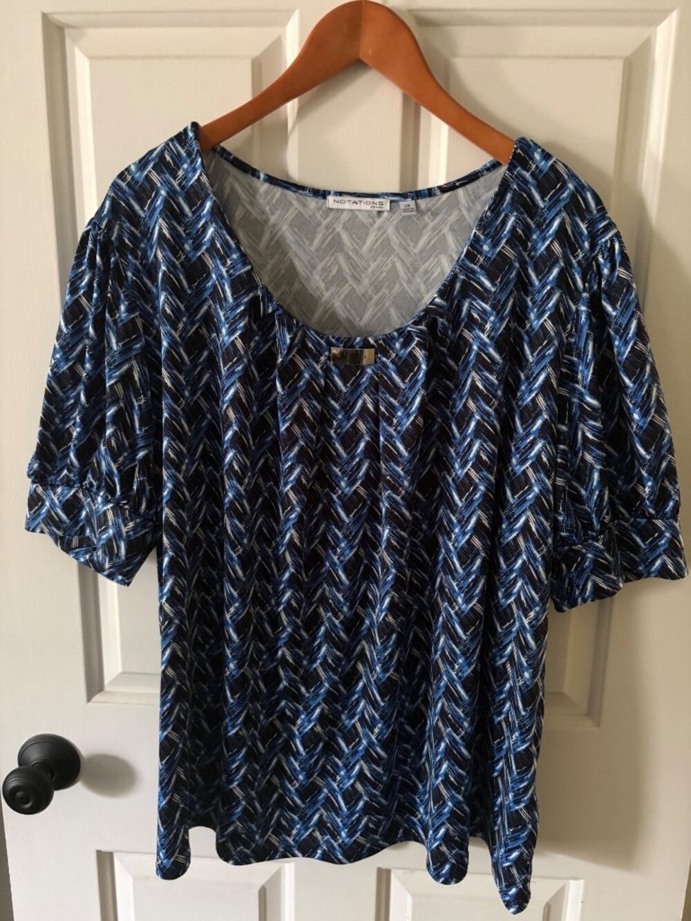 Notations Women's Size 2X Short-sleeve Blue Blouse Geometric Zigzag Pattern